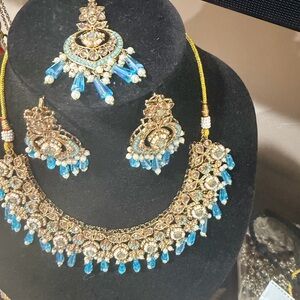 Traditional Gold-Tone Necklace Set with Blue Beads - Women Jewelry earrings